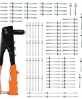 Rivet Gun Kit With Four Heads And 100 Rivets for metal, plastic, leather; includes hand riveter and multiple rivets.