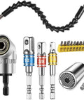 Flexible Drill Bit Extender And Universal Socket Wrench Set With 105 Degree Right Angle Attachment One Quarter Three Eighths One Half Inch Universal Socket Adapters And All In One Screwdriver Bit Kit For Tight Spots And Hard To Reach Fasteners, showing all components.