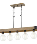 36 Inch Rustic Kitchen Island Light With 5 Lights, Linear Metal Frame, Hickory Wood Look And Black Finish, Modern Farmhouse Pendant Fixture