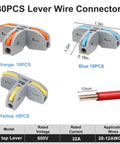 30 Pack Heavy Duty 3 Way Lever Wire Connectors Push In Electrical Splice Terminal Block in orange, blue, and yellow for wiring.
