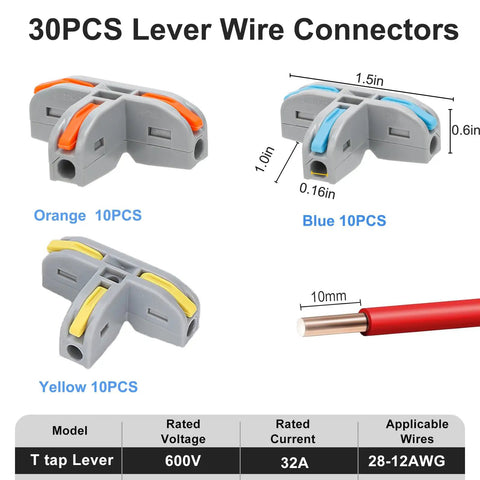 30 Pack Heavy Duty 3 Way Lever Wire Connectors Push In Electrical Splice Terminal Block in orange, blue, and yellow for wiring.