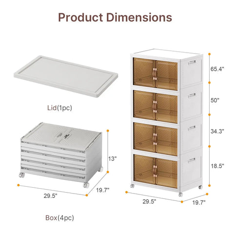 Ultra Large 720 Quart Stackable Storage Bins With Lids And Wheels Four Tier Closet Organizers showing dimensions and components