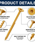 Heavy Duty Number 8 X 1-1/4 Exterior Deck Screws With Tan Epoxy Coating displaying countersunk head, coarse thread, and T25 star drive.
