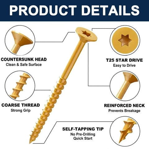 Heavy Duty Number 8 X 1-1/4 Exterior Deck Screws With Tan Epoxy Coating displaying countersunk head, coarse thread, and T25 star drive.