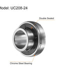 2-Pack UC208-24 Pillow Block Bearings One And A Half Inch Bore Chrome Steel GCR15, model shown with double seal and chrome steel material