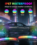 Dodge Charger in rain showcasing Dope RGB Full LED Side Marker Lights Kit for 2015-2023, 4 modes, 16 colors, weatherproof feature.