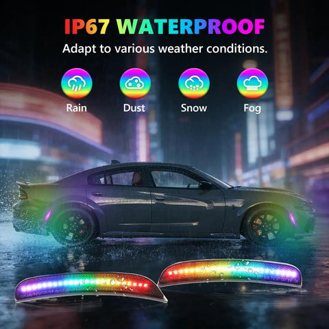 Dodge Charger in rain showcasing Dope RGB Full LED Side Marker Lights Kit for 2015-2023, 4 modes, 16 colors, weatherproof feature.