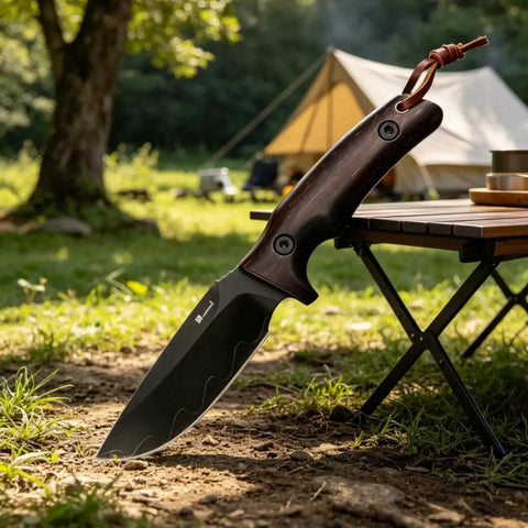 Fixed Blade Knife With Rosewood Handle And Leather Sheath For Outdoor Use VG10 Steel Blade 3.74 Inch Cutting Edge near tent