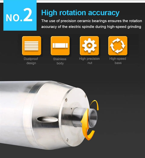 Rock Solid 5.5 Kilowatt Water Cooled Spindle Motor Packs Hella Smooth Performance At 24000 Rpm High Speed For Cnc Routers, showcasing high rotation accuracy with stainless body and design.