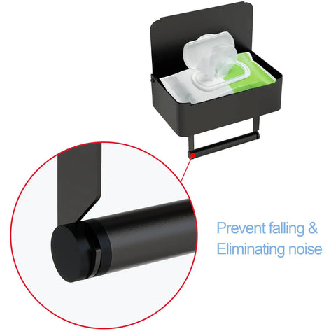 Close-up of a Toilet Paper Holder With Shelf And Flushable Wipes Dispenser Hidden Wipe Storage Matte Black Stainless Steel Wall Mount Organizer.