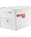 Oasis 360 Post Mounted Mailbox White, Heavy Duty Steel Build with red flag, rust-resistant powder coat, weatherproof outdoor mailbox