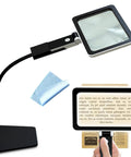 5X Full Page Magnifier With Light And Stand for Reading, black stand, gooseneck, magnifying glass showing text and cleaning cloth