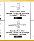 LockNLube grease fitting replacement kit contents: SAE/metric zerks, Easy Out tools, straight and 90° fittings, yellow and red caps.