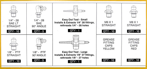LockNLube grease fitting replacement kit contents: SAE/metric zerks, Easy Out tools, straight and 90° fittings, yellow and red caps.