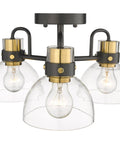 Three Light Modern Semi Flush Mount Chandelier with Clear Glass Shades Matte Black and Brushed Brass Finishes for a Sleek Industrial Vibe