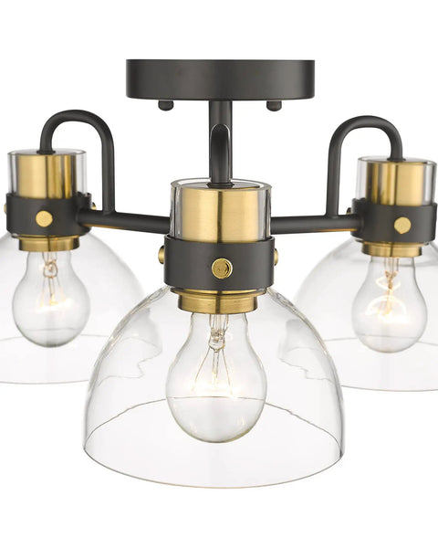 Three Light Modern Semi Flush Mount Chandelier with Clear Glass Shades Matte Black and Brushed Brass Finishes for a Sleek Industrial Vibe