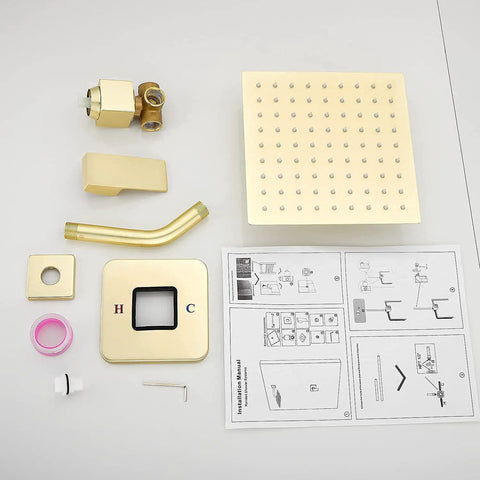 Brushed Gold Shower Faucet Trim Kit With Rough In Valve 8 Inch Square Stainless Steel Rainfall Shower Head included parts layout