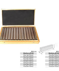 Dead On Precise 28 Piece Gauge Block Set Featuring Engraved Setting Strips For Real Woodworkers Router Truing Jigs. Open wooden case display.