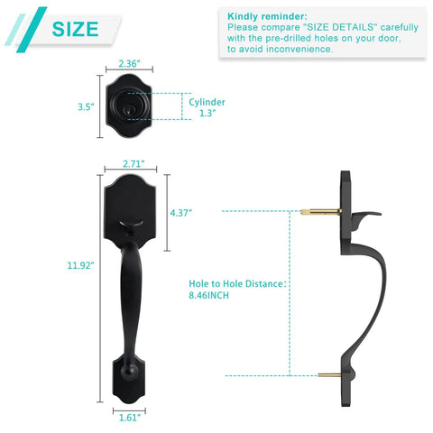 Double Door Handle Set With Dummy And Keyed Entry In Matte Black, showing dimensions for exterior door hardware with wave lever.