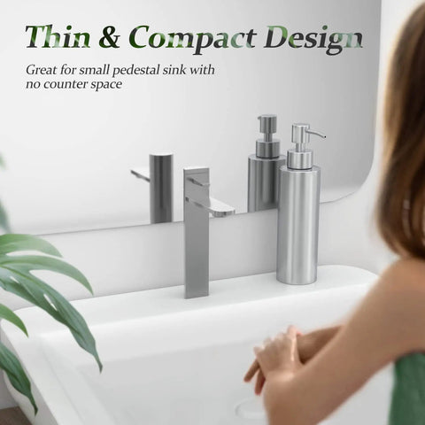 Sleek Stainless Steel Countertop Soap Dispenser for Kitchen and Bath next to faucet, Rust Proof Pump, Space Saving 11.8 Oz 350 Ml