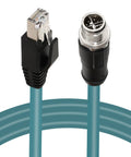 Built Tough M12 To RJ45 Ethernet Cable Featuring CAT6A Wiring IP67 Waterproof Shielding And High Flex Connectors, close-up view.