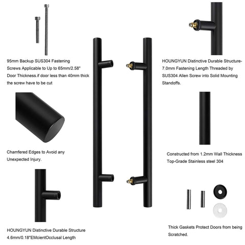Diagram of 12-Inch Heavy-Duty 304 Stainless Steel Door Pull Handle For Interior And Exterior Use, black finish, parts labeled