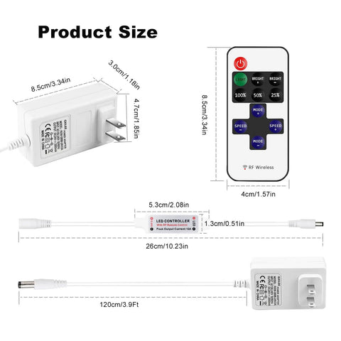 Dimensions of Easy Plug-And-Play 24V LED Power Supply With Dimmer Switch and remote, 48W 24V DC Driver for LED Strip Lights