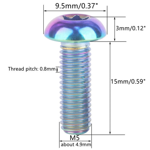 Bulletproof Grade Five Titanium Water Bottle Cage Bolts And Bicycle Rotor Screws Kit Paired With Torx M5 Hardware showing dimensions and details of a rainbow M5 screw.
