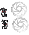Rock Solid Mountain Bike Disc Brake Kit With Mechanical Calipers And Complete Pair Of 160mm Rotors Made From Forged Aluminum setup with two rotors and calipers.