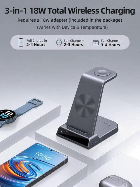 All In One 3 In 1 Wireless Charging Stand With Dimmable Clock And Nightstand Organizer For Galaxy Phones, Watches, And Buds