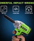 Hand holding Cordless One Half Inch Impact Wrench Kit With 300 Foot Pounds Torque, Brushless 20V Power, green and silver design