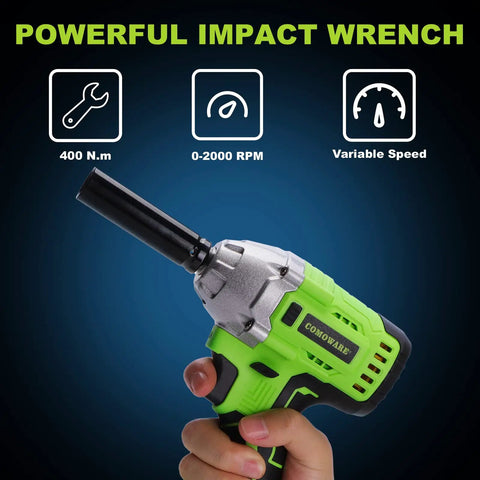 Hand holding Cordless One Half Inch Impact Wrench Kit With 300 Foot Pounds Torque, Brushless 20V Power, green and silver design
