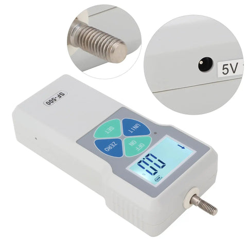 Portable Digital Force Gauge SF-500 Push Pull Tester Meter For Tension And Compression Testing, Accurate High Sensitivity Sensor, Quick Readouts, Handheld Force Meter For Lab, Workshop, And Field Use, white handheld unit with threaded tip