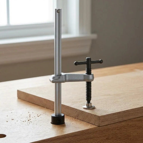 Quick Release Insertion Clamp For Workbench And T Bar Holes Heavy Duty Ratchet Table Clamp In Hardened Steel 160 By 80 Base With 16mm Insert Keeps Woodworking And Metalworking Parts Solid And Secure. on workbench holding wood board