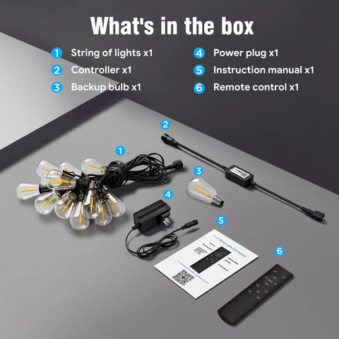 Components of 50 Foot Outdoor Waterproof String Lights With Bluetooth App And Remote Control shown in box layout