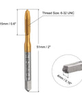 Two Pack Titanium Coated High Speed Steel Spiral Point Thread Tap 6 32 UNC Machine Tap with measurements visible
