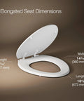 Stonewood Elongated Wood Toilet Seat With White Lid And Color Matched Hinges showing dimensions on a beige background