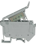Side view of LED Indication Fuse Holder Terminal Block for DIN Rail 24V DC Screw Clamp with Universal Mounting Feet 6 Pack Grey.