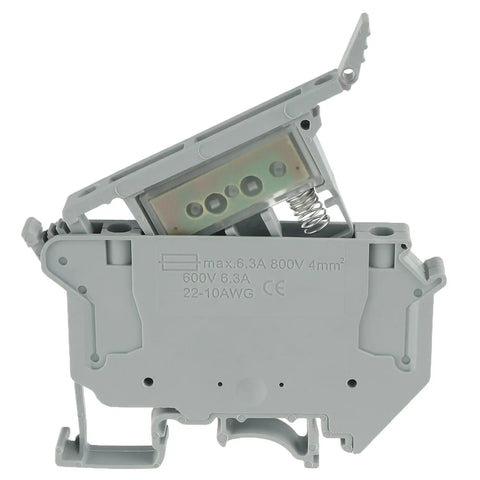 Side view of LED Indication Fuse Holder Terminal Block for DIN Rail 24V DC Screw Clamp with Universal Mounting Feet 6 Pack Grey.