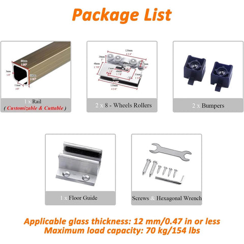 Glass Sliding Door Track Kit For Closet Barn Bypass And Pocket Doors Aluminum Rail System With Rollers and Floor Guide