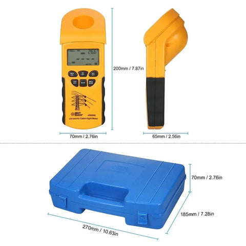 Digital Ultrasonic Cable Height Meter With Smart Sensor For Quick Cable Height And Distance Readouts Up To 23 Meters And 18 Meters Precise To 0.5 Percent Measures Height From Multiple Cables Ideal For Construction And Utilities, shown with case and measurements for size reference