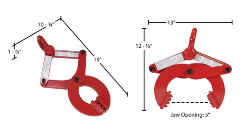 Steel Single Scissor Pallet Puller With 5 Inch Jaw Opening And 6000 Lb Capacity, Red Heavy Duty Pallet Tugger For Smooth Truck Floor Loading And Unloading, shown with dimensions