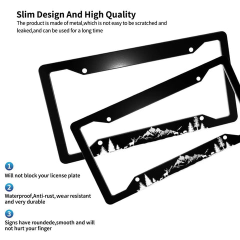 Two Pack Universal Car License Plate Frames With Screws For US Plates Twelve Point Three By Six Point Three Inches Aluminum Weatherproof Durable Plate Holder Decor For Women And Men displayed with mountain design