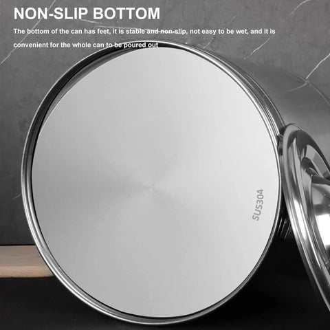 Close-up of the non-slip bottom of a Heavy Duty 12-68 Gallon Stainless Steel Storage Bucket with Sealed Lids.