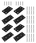 Tough As Nails Stainless Steel Mending Plates And Square Connecting Brackets For Knocking Out Fast Furniture Repairs And Rock Solid Shelf Reinforcement With Dead Tight Screws For Weekend Warriors, eight black mending plates with screws.