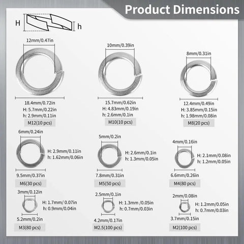 Heavy Duty Pro Grade Spring Lock Washers Kit With 480 Pieces In 9 Sizes, 304 Stainless Steel Split Washers For Car, Furniture, And Home Maintenance, Anti Loosening Design Keeps Fasteners Tight And Rust Free. Product dimensions chart with M2-M12 washers