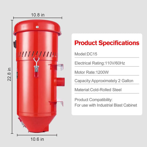 Beast 1.6 HP Industrial Dust Collector With 1.8 Gallon Tank shown with dimensions and specifications