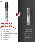 Image comparing a Pro Grade One Eighth Inch Twenty Seven NPT Pipe Tap In High Speed Steel With AD Plus Coating and a carbon steel tap.
