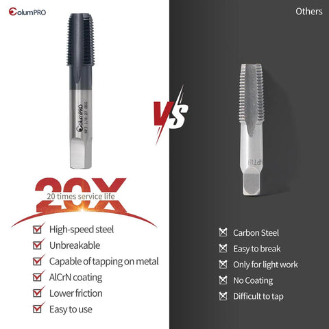 Image comparing a Pro Grade One Eighth Inch Twenty Seven NPT Pipe Tap In High Speed Steel With AD Plus Coating and a carbon steel tap.