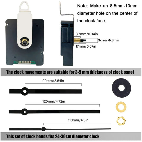 Atomic Clock Movement With 5 Inch Hands, 17mm Axis, WWVB Radio Controlled Timekeeper components and dimensions